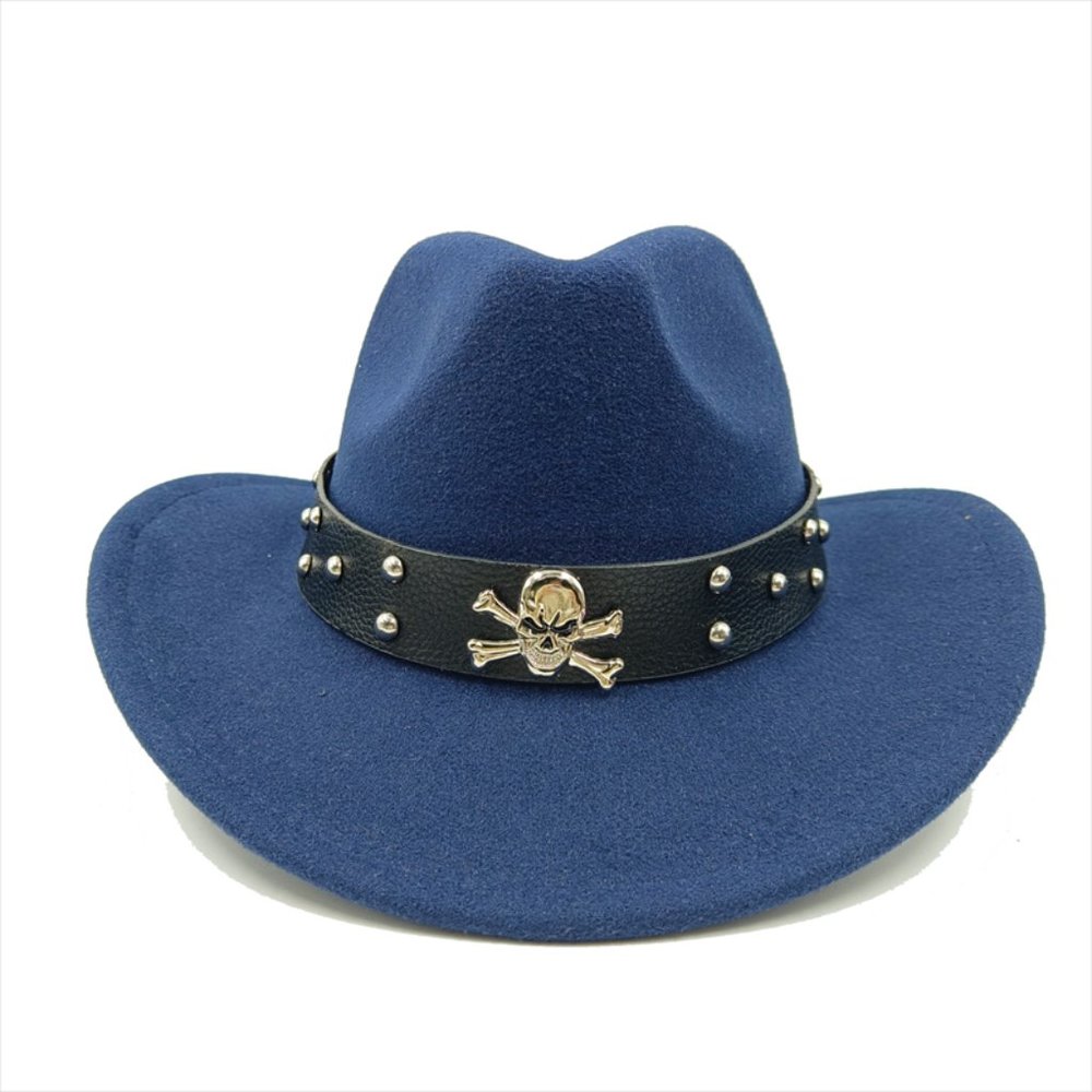 Navy Blue, Western Skull Cowboy, Cowgirl Hat, Men‎ Women Retro Wide Brim